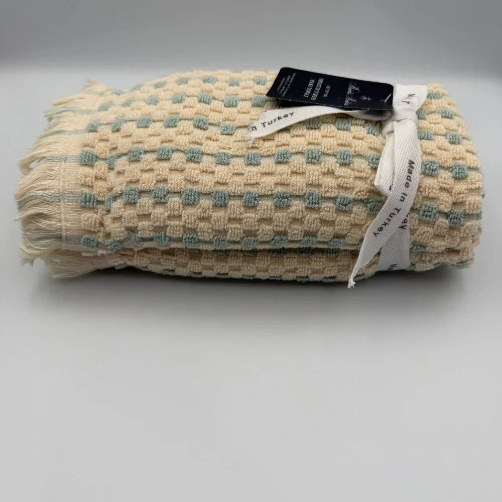 Brooks Brothers Premium Turkish Cotton Hand Towel Set of 2 Fringed Cream/Blue